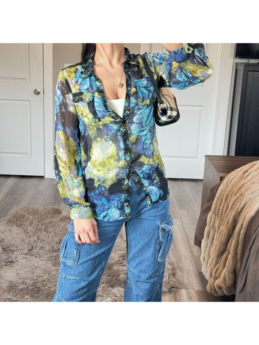 Y2K Dressbarn Womens Sz S Sheer Floral Blouse Lace Shoulders Button Front Summer